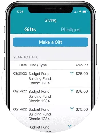 A cell phone with a giving app open on it.