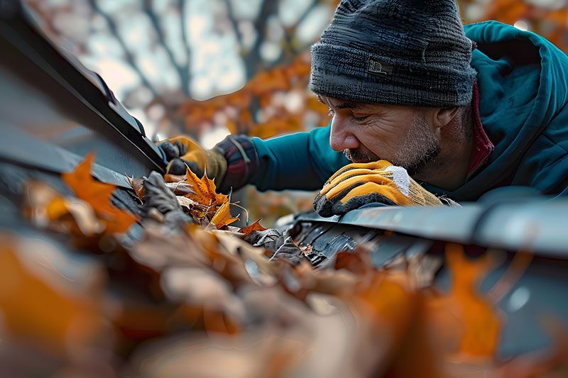 A man is cleaning a gutter of leaves on a roof.