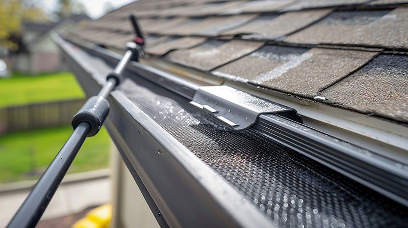 A person is cleaning a gutter on a roof with a hose.