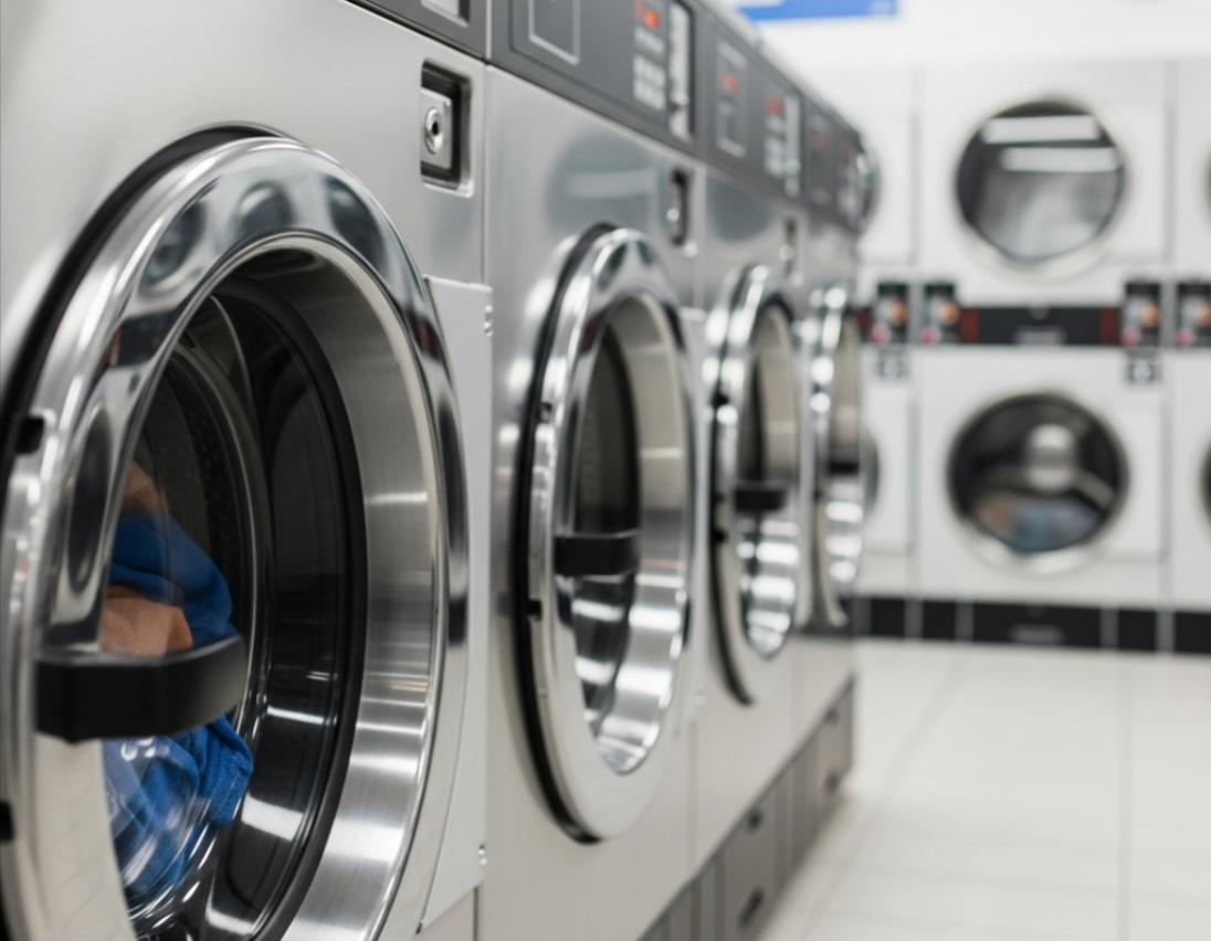 A row of industrial stainless steel washing machines in a laundromat, with blue laundry visible inside the front unit.