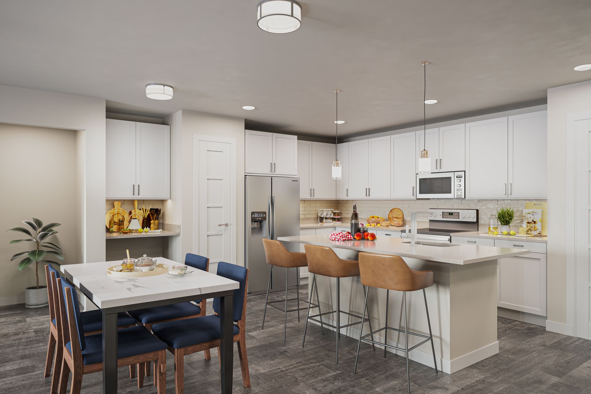 Modern kitchen with white cabinets, stainless steel appliances, and a dining table with blue chairs.