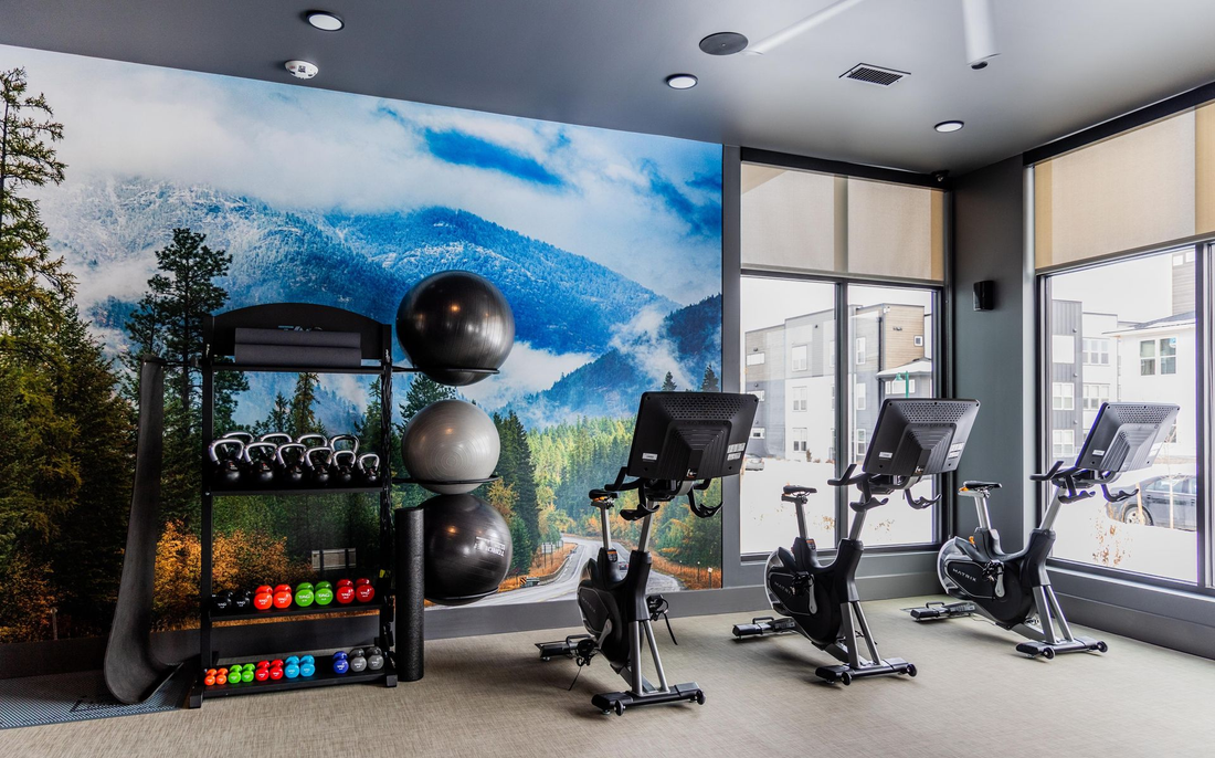 Gym with stationary bikes, weights, and a mountain mural on the wall.