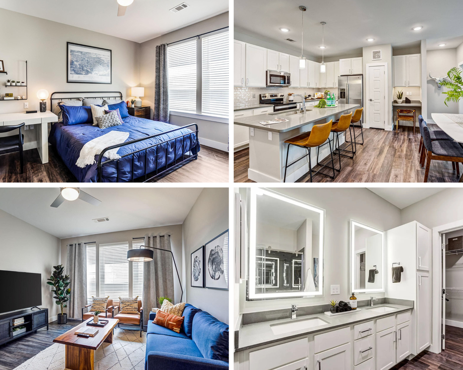 Modern kitchen with white cabinets, stainless steel appliances, and a dining table with blue chairs.