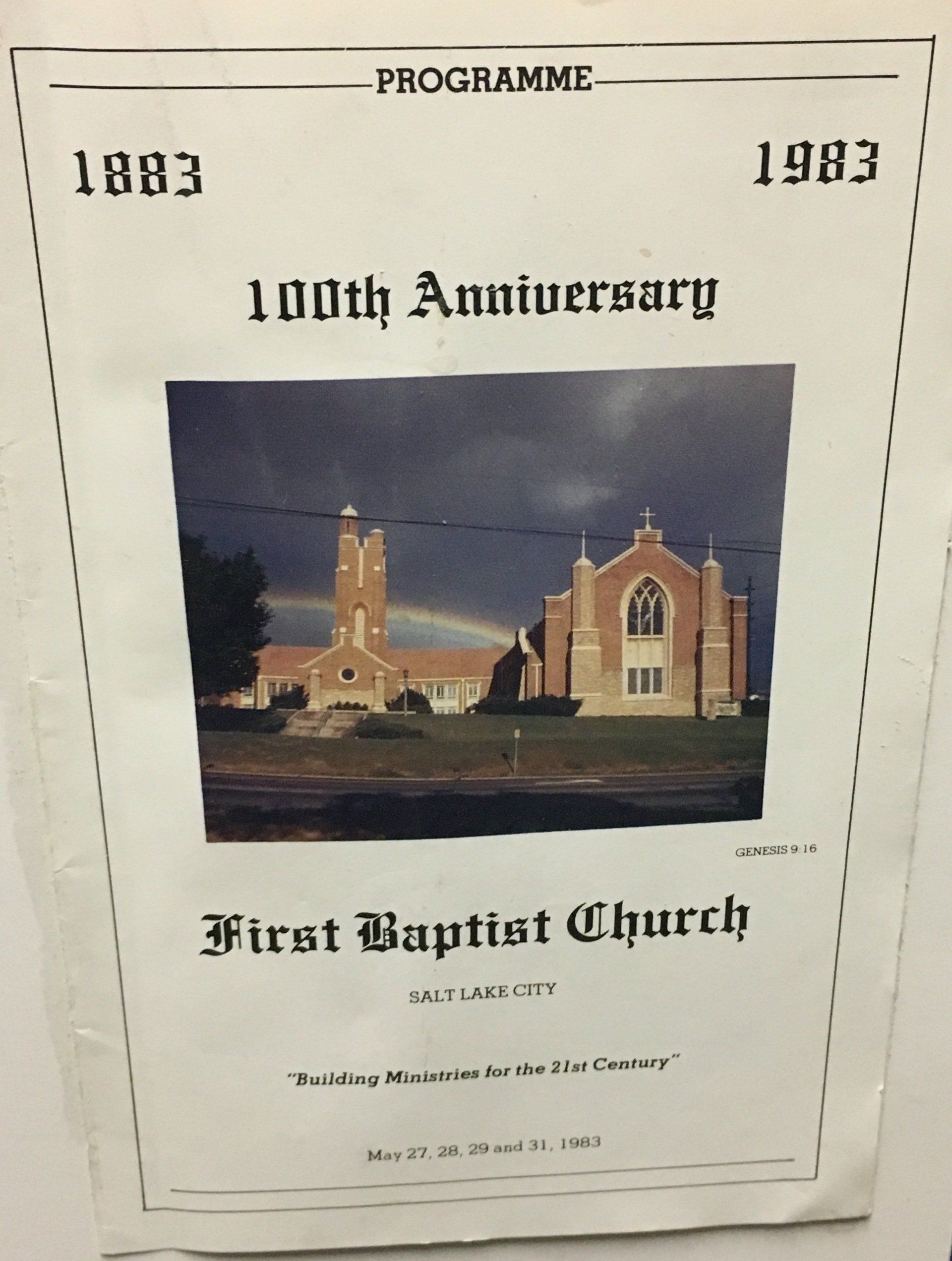Program for First Baptist Church's 100th anniversary in 1983, featuring a photo of the church building.