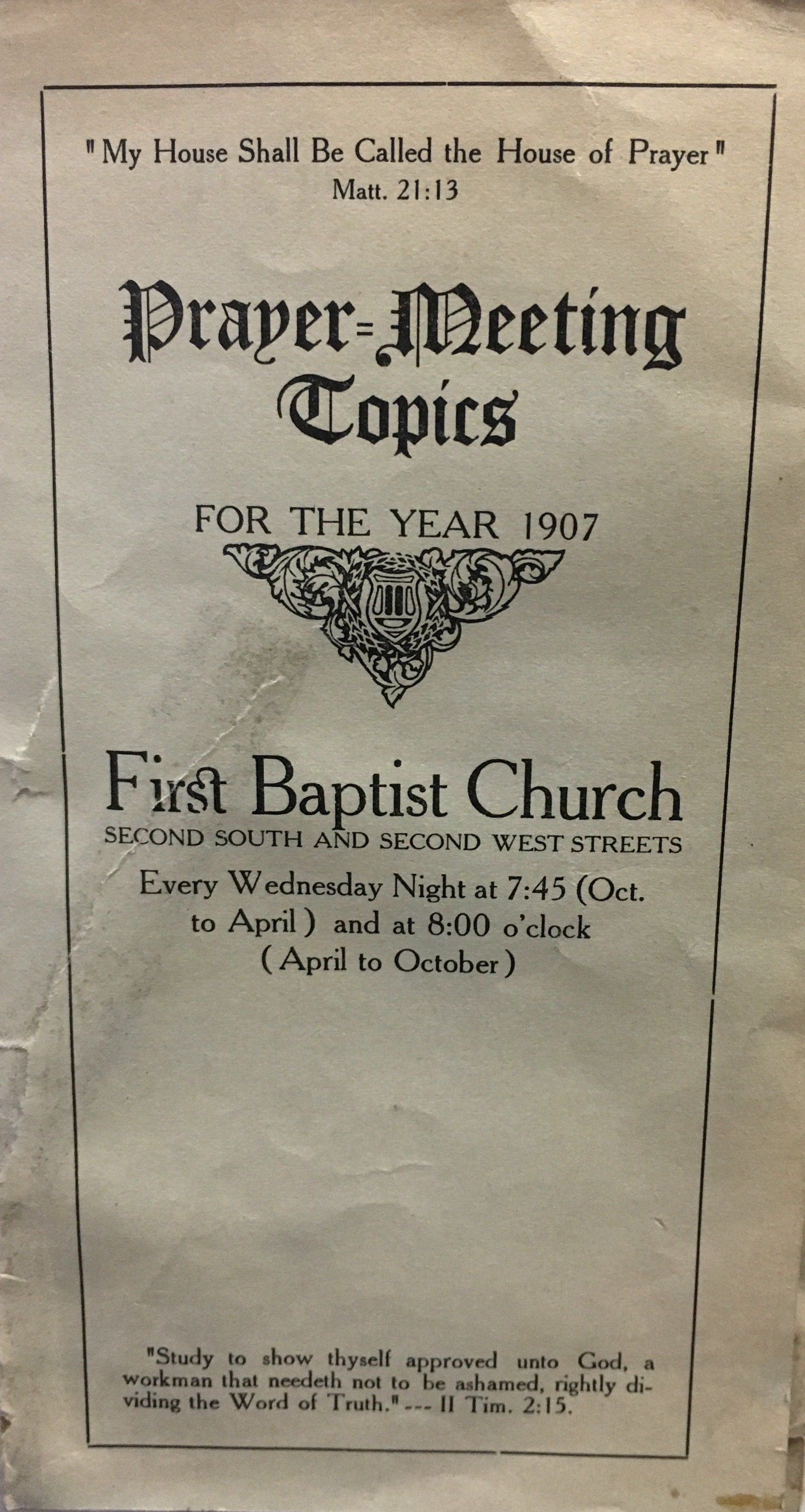 Flyer for First Baptist Church prayer meetings in 1952.