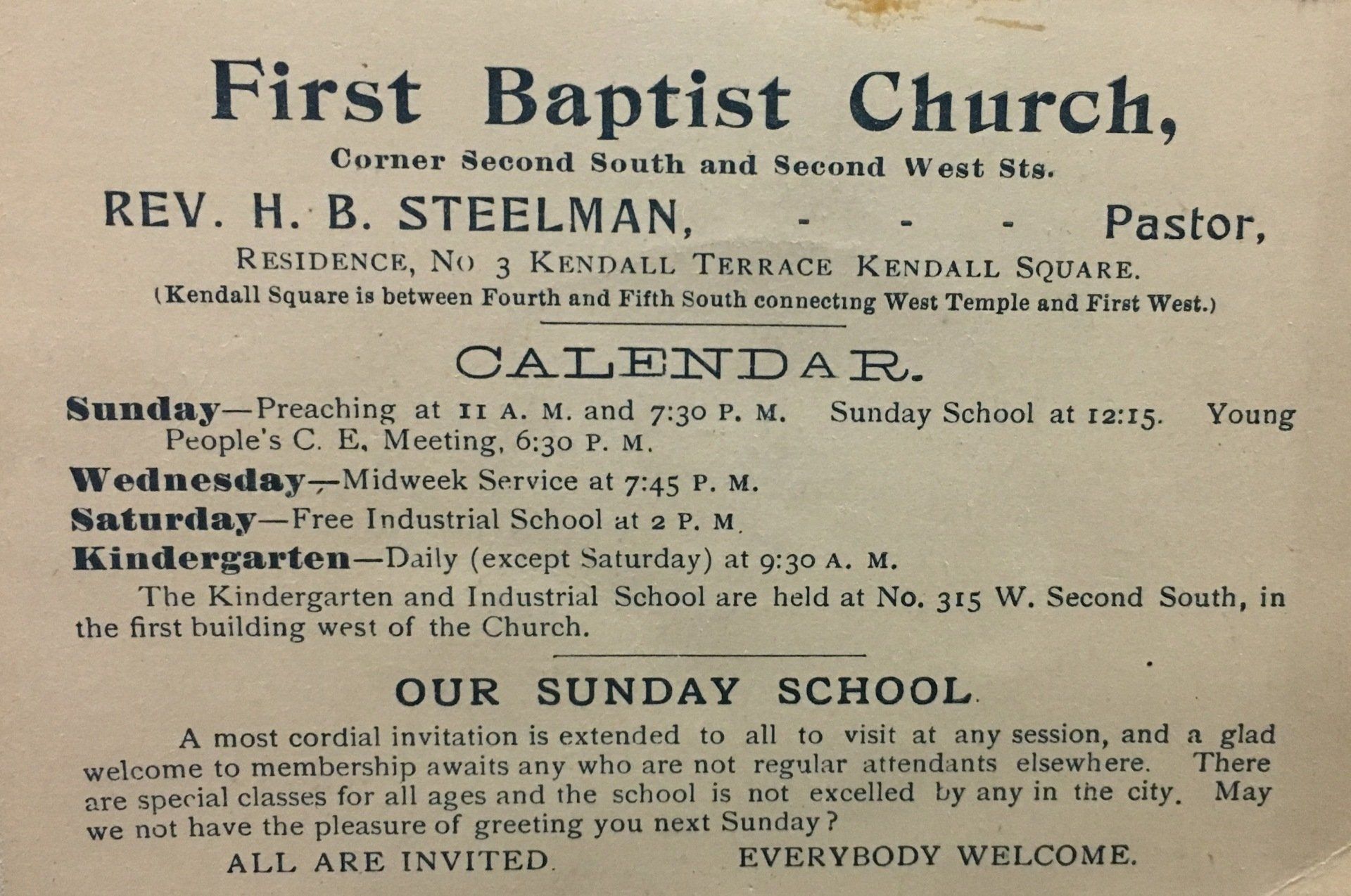 Advertisement for First Baptist Church, details pastor, calendar with service times, and Sunday school invitation.