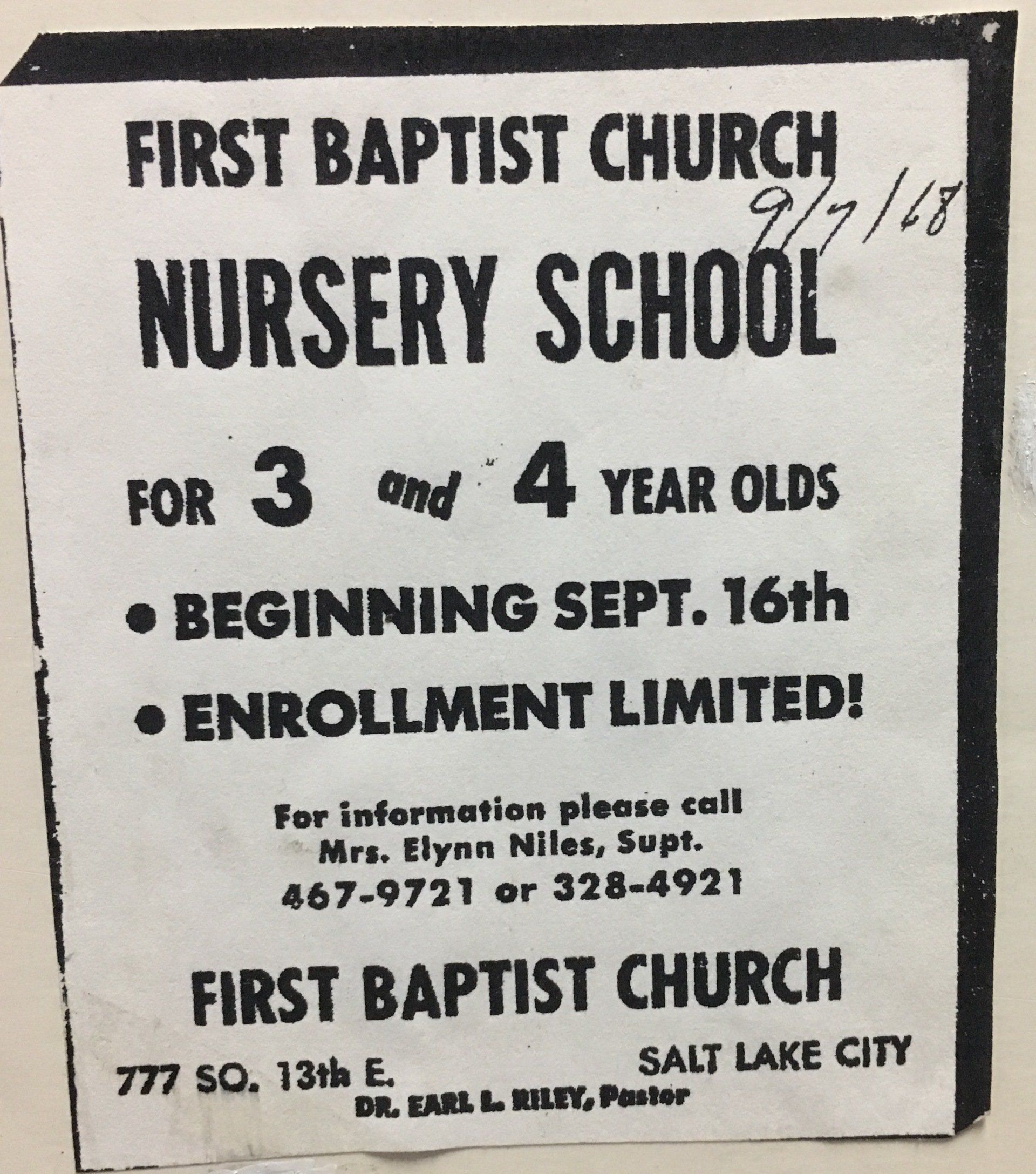Advertisement for First Baptist Church Nursery School for 3 & 4 year olds, Salt Lake City. 