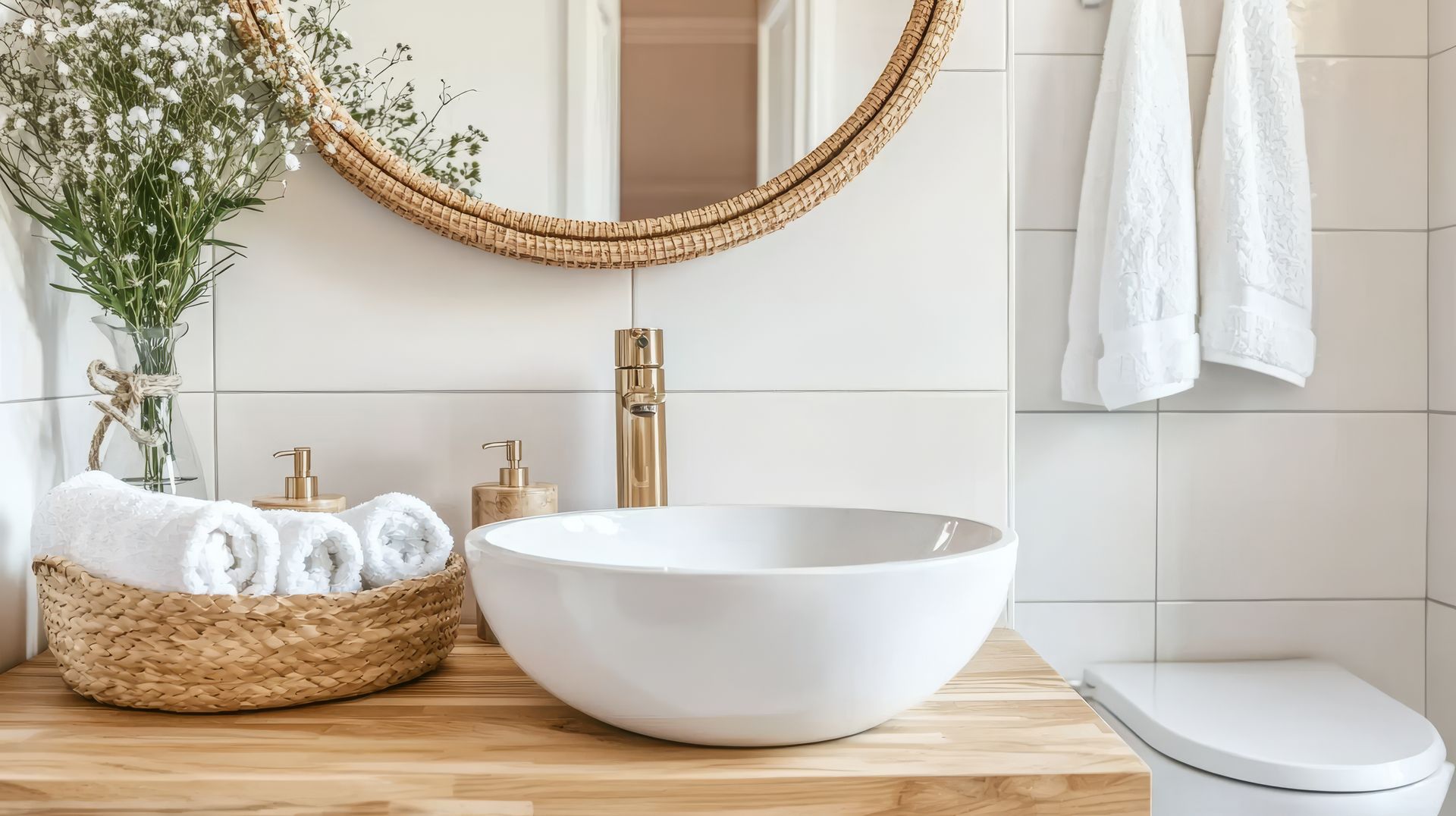 Bathroom remodel with wood and white accents 