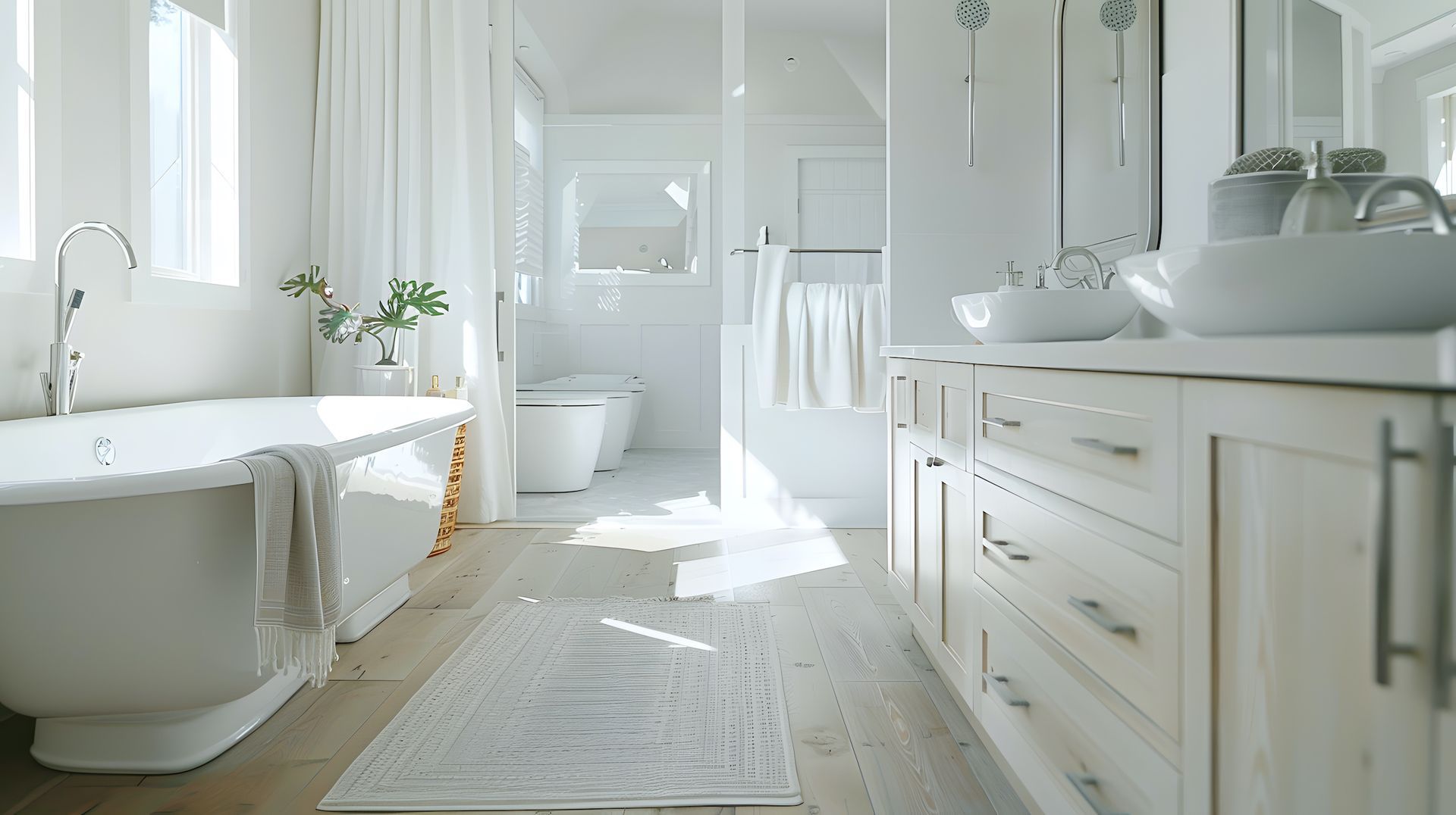 A bathroom with a bathtub , sinks , toilet and shower all newly remodeled.