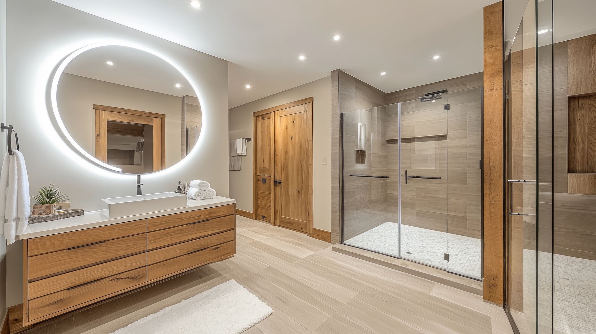 A bathroom with a sink , mirror and walk in shower re,odeled.