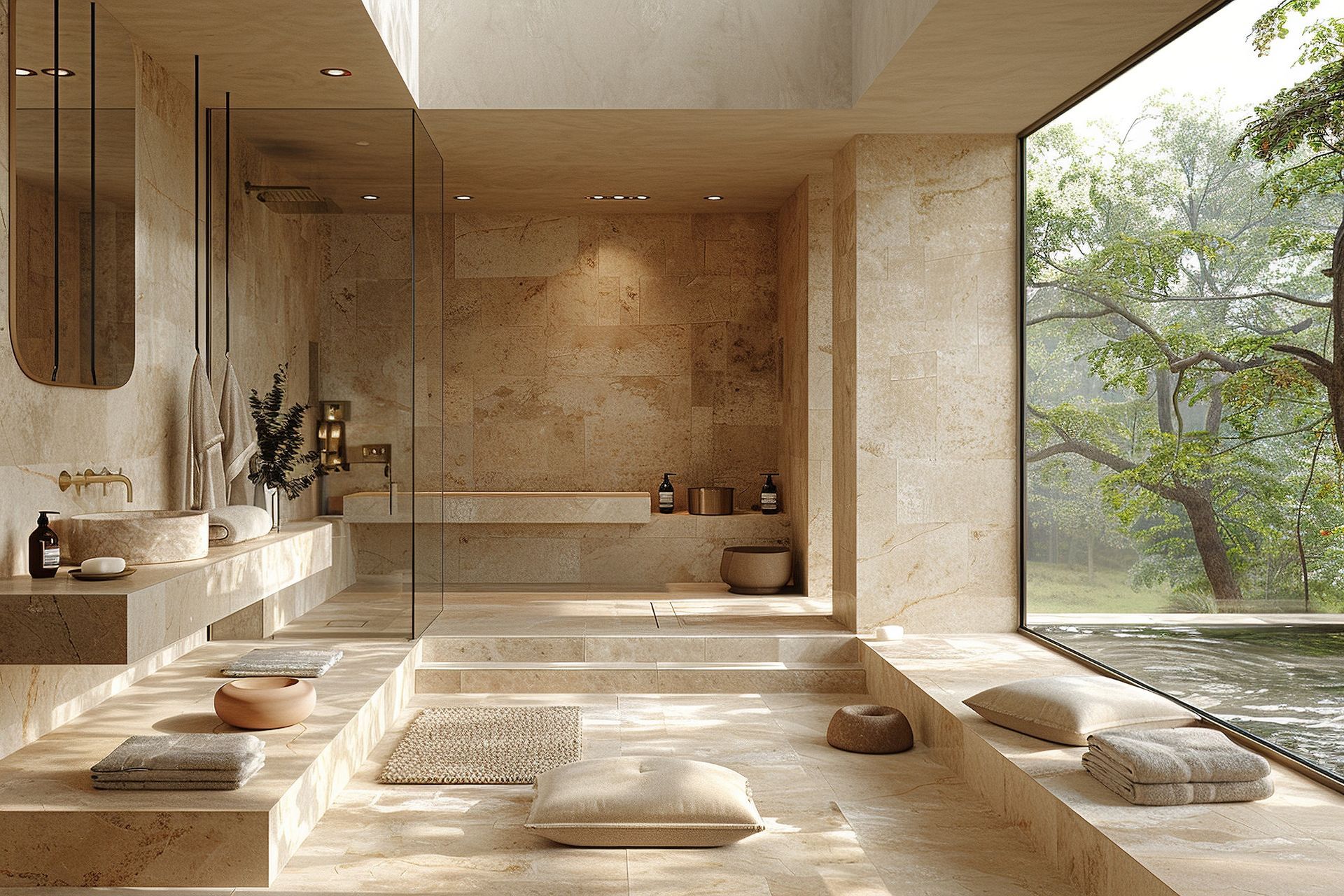 A bathroom with a large window and a bathtub. Newly remodeled tub