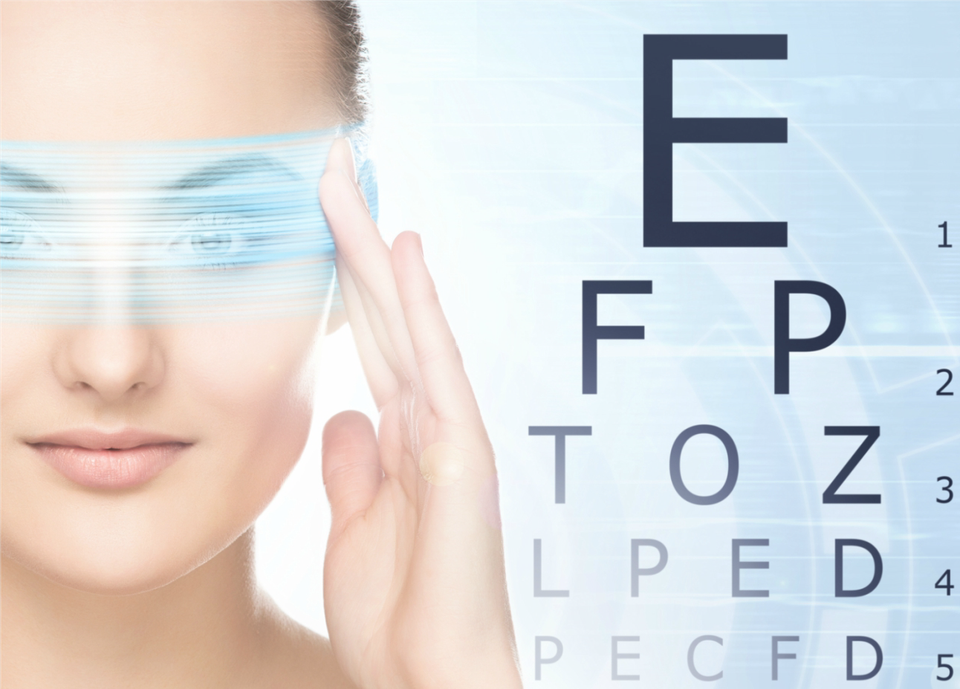 A woman is wearing a pair of virtual reality glasses in front of an eye chart.