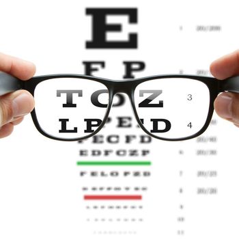 A person is holding a pair of glasses in front of an eye chart.