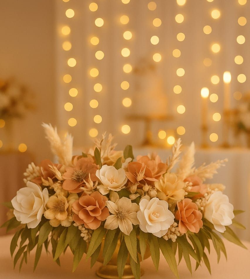 Centro de mesa floral en cuenco dorado, con luces de cadena difuminadas en el fondo.