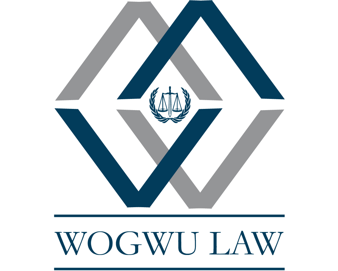 WOGWU LAW logo with interlocking blue and gray geometric shapes and a small scale emblem
