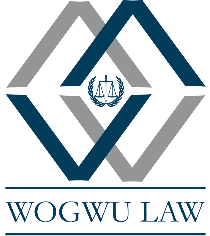 WOGWU Law logo with teal and gray geometric hexagon and scales of justice icon