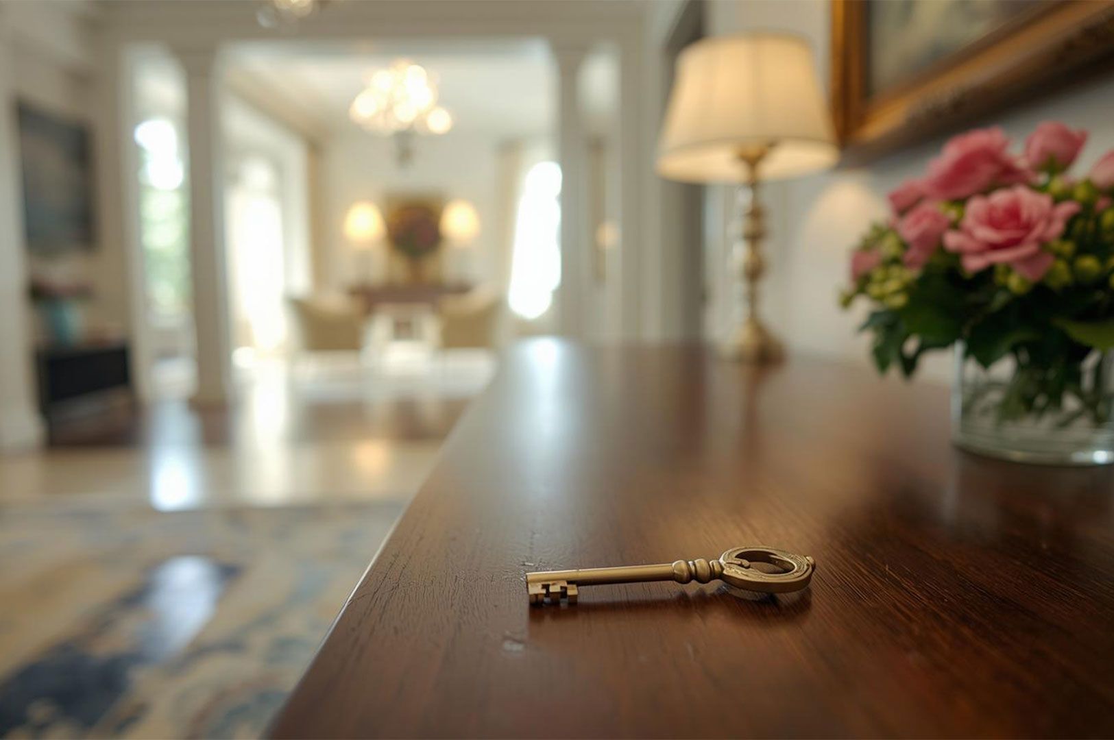 Antique brass key lying on a polished wooden reception desk in the elegant, well-lit lobby of hotel