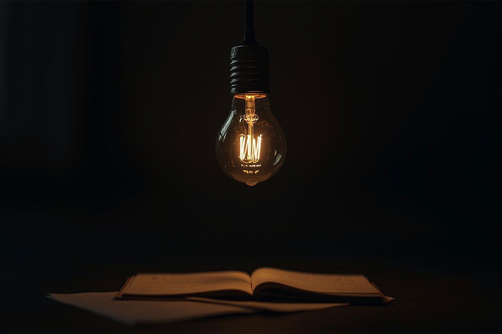 A glowing, antique-style incandescent lightbulb suspended over an open book on a dark desk, symbolizing inspiration and a moment of breakthrough.