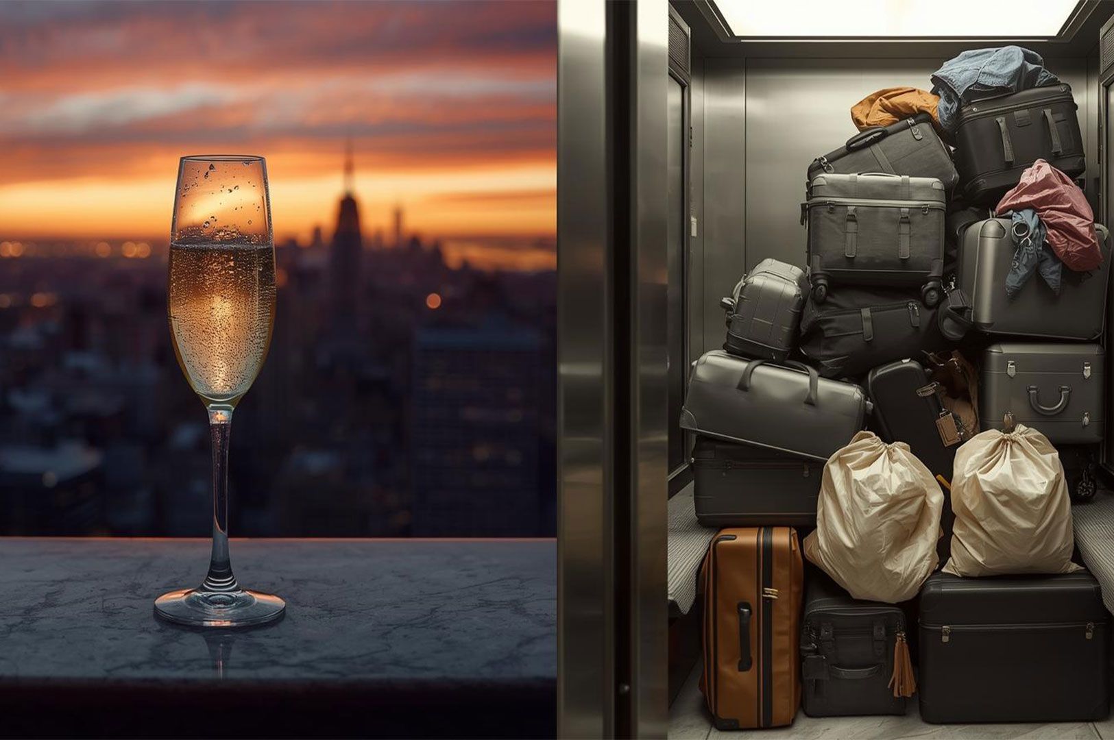 A split-screen comparison showing a relaxing glass of champagne overlooking a city sunset on the lef