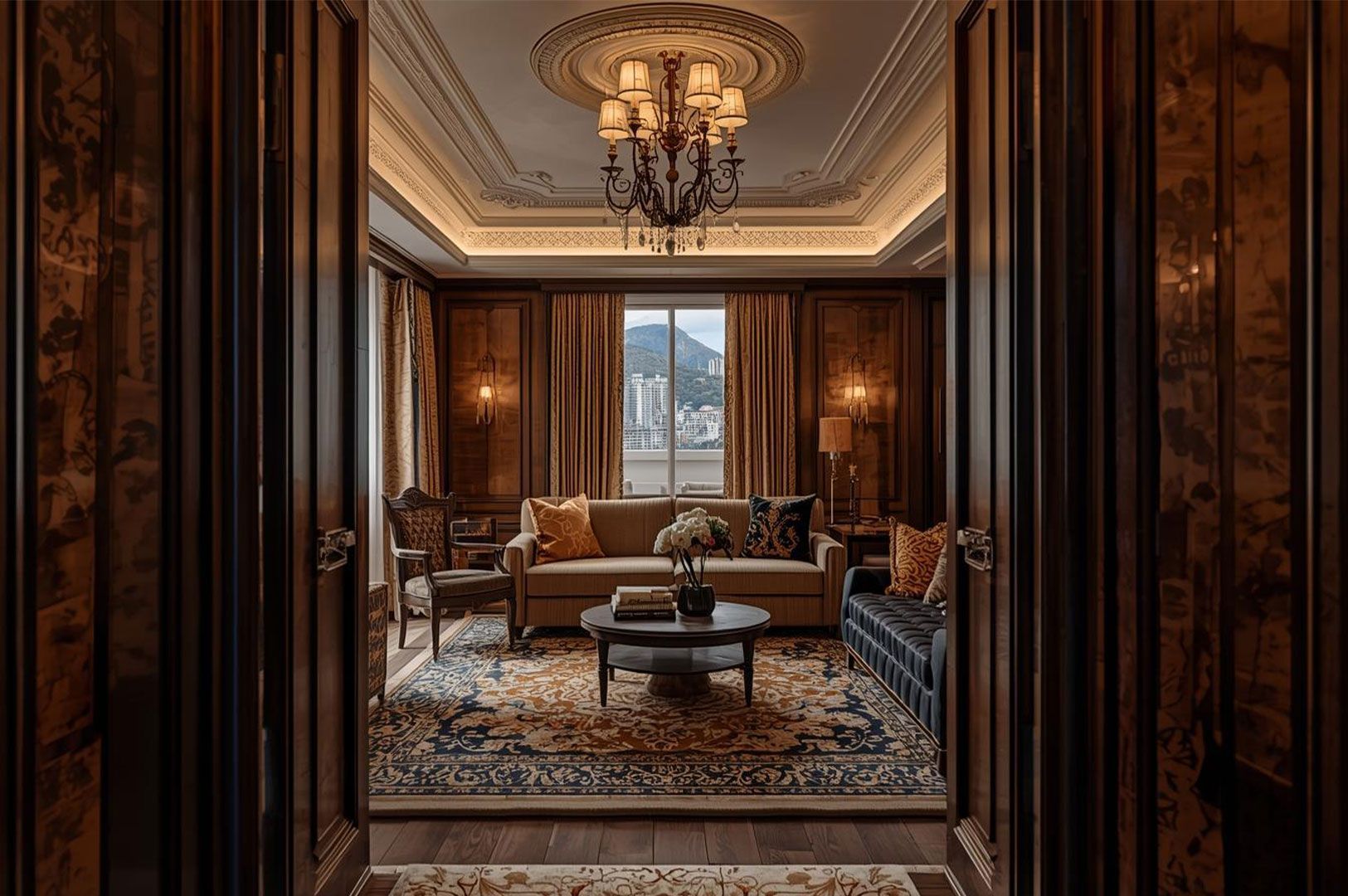 An opulent hotel suite living room featuring dark wood paneling, a patterned oriental rug, an elabor
