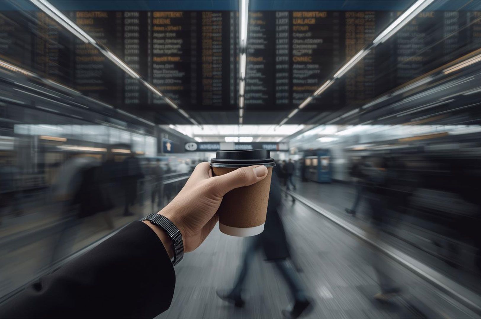 A hand holding a disposable coffee cup in the foreground of a busy public transit station or airport, with people and the departure board blurred by motion, symbolizing focus amidst chaos.