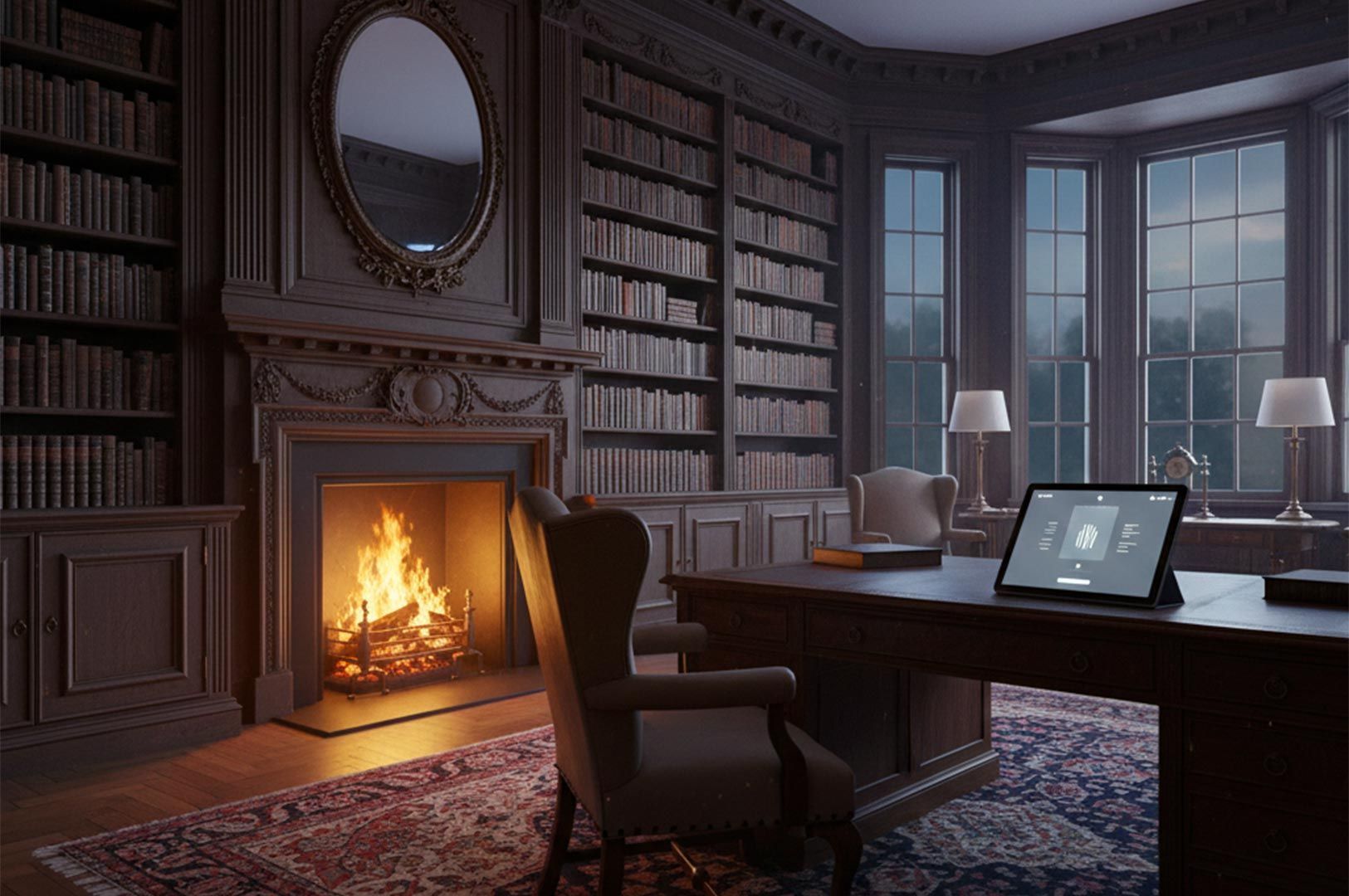 A sophisticated home library with floor-to-ceiling dark wood bookshelves and a roaring fireplace