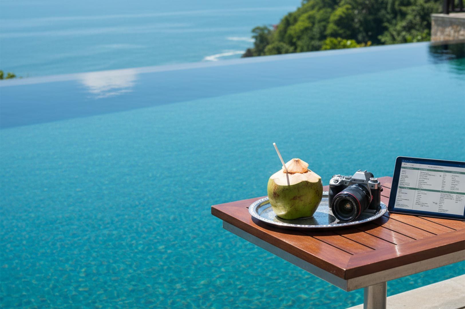 A fresh coconut drink, camera, and tablet on a wooden table beside a luxury infinity pool overlookin