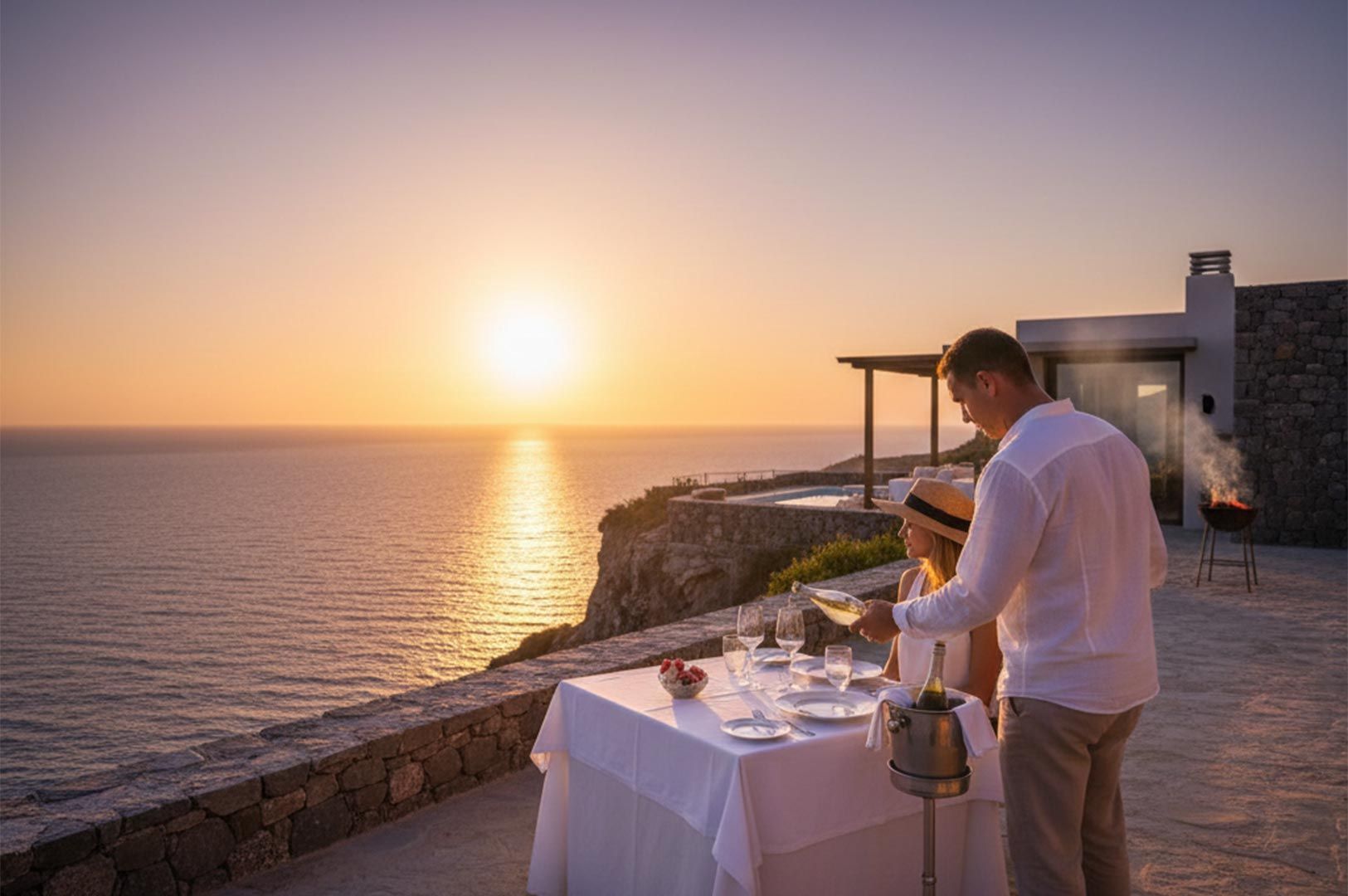 A professional server pouring white wine for a guest at a private candlelit dinner on a stone terrac