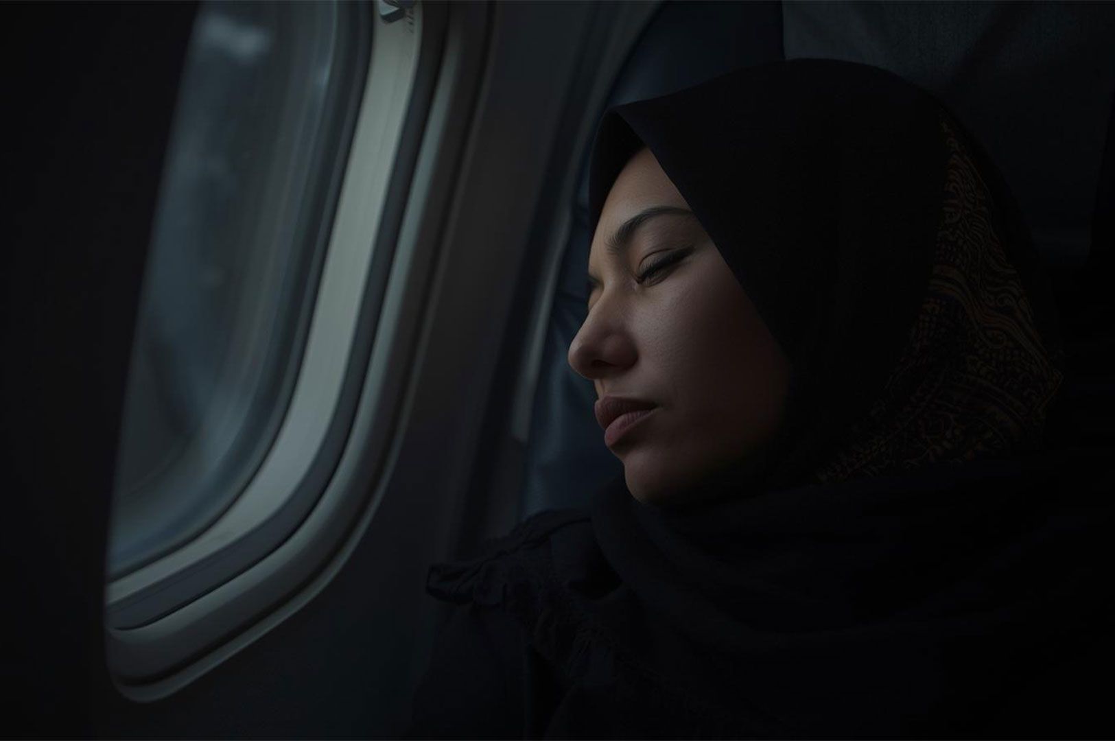 Close-up of a young Muslim woman in a black hijab sleeping by an airplane window.