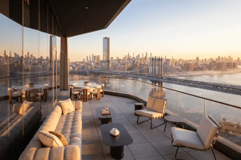 A luxurious, expansive private balcony on a high-rise building with modern lounge furniture, overloo