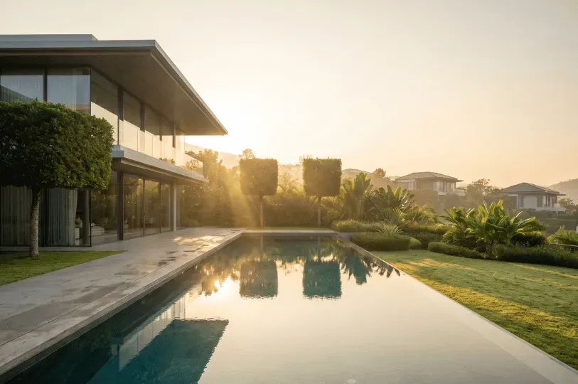 A luxurious modern villa featuring large glass windows, a private infinity pool, and manicured garde