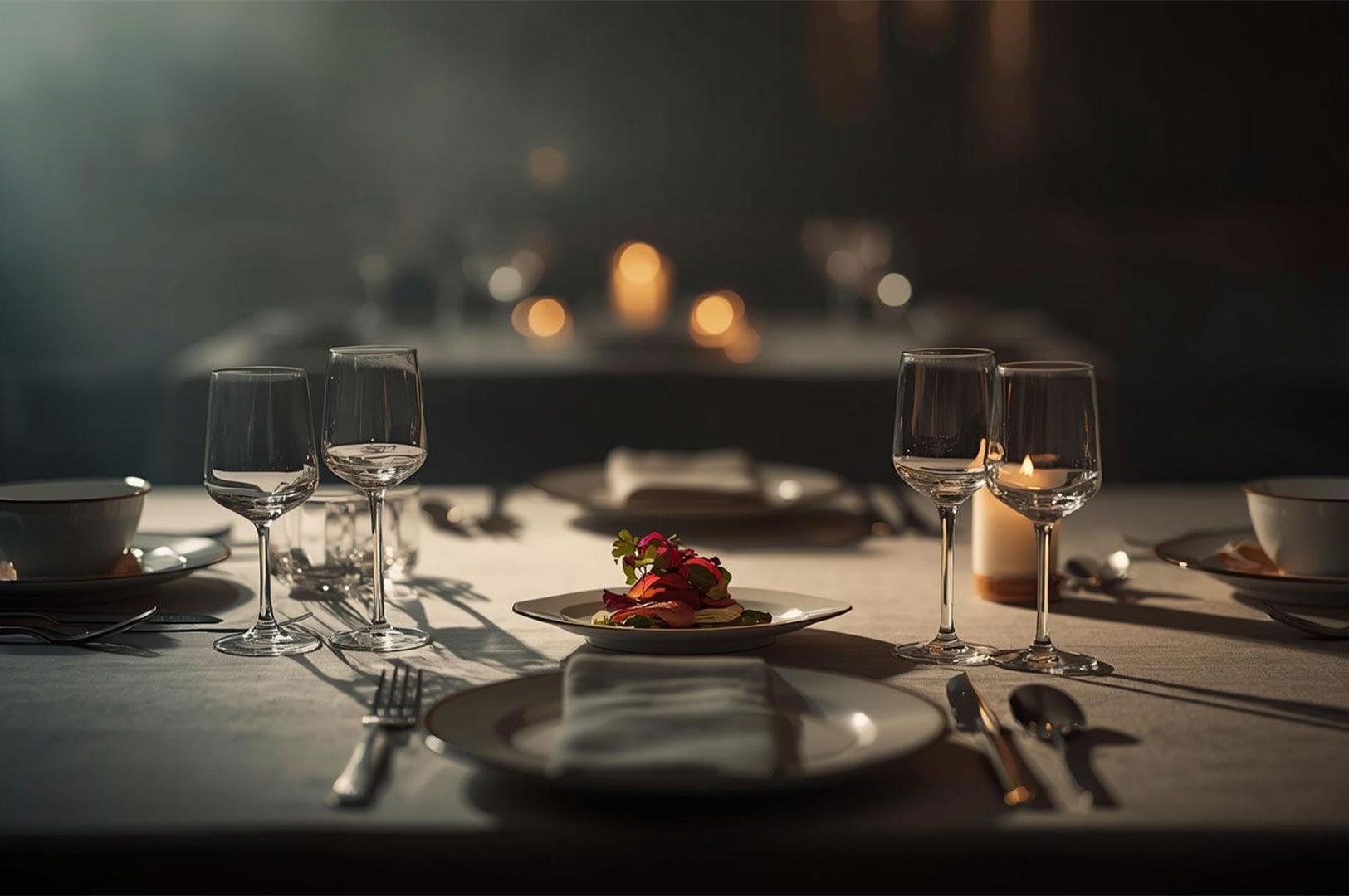 A dark, moody, and romantic fine dining table setting with white tablecloths, crystal wine glasses,
