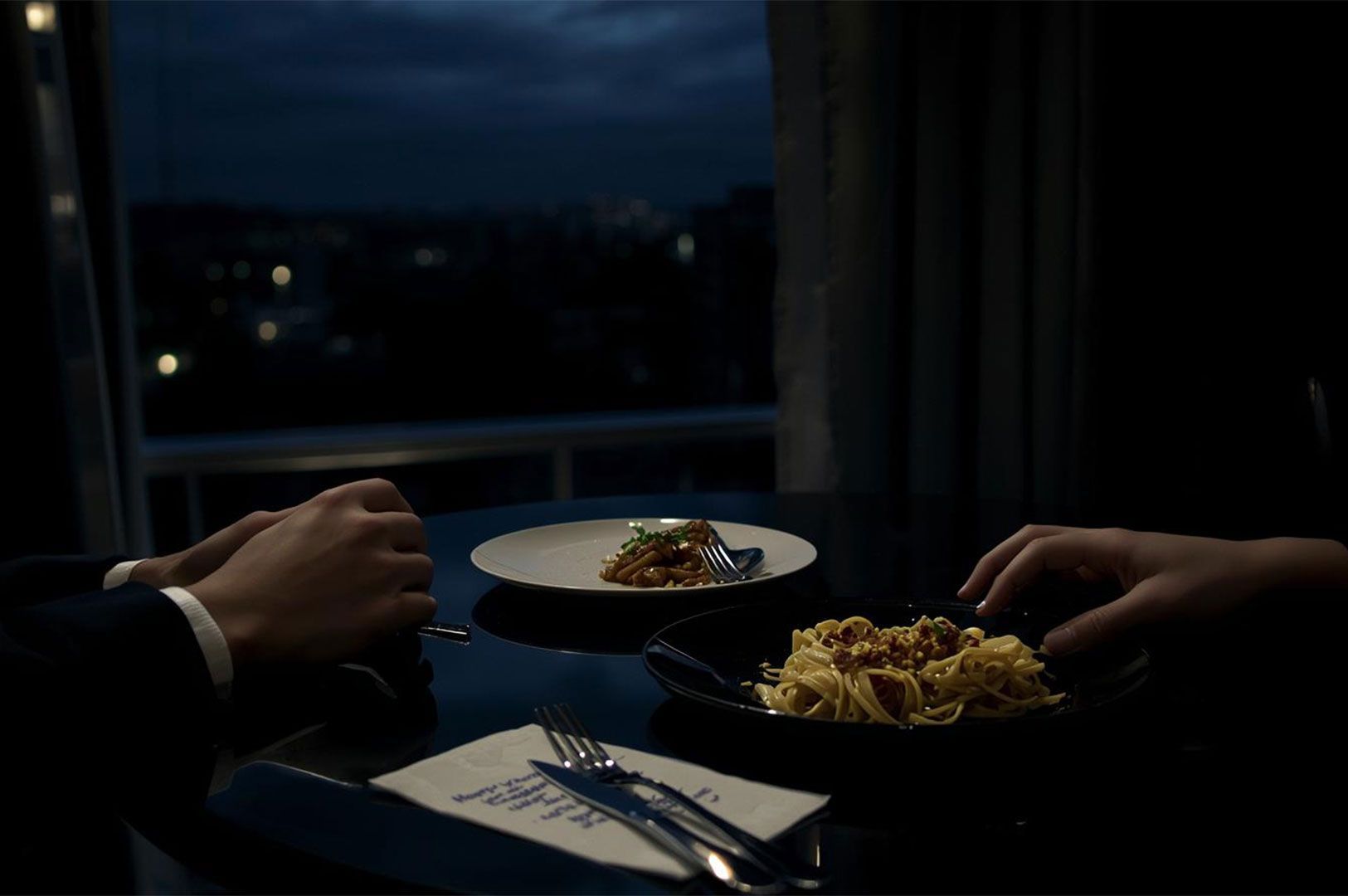 A couple's hands reaching for plates of pasta on a dark table, with a dramatic night view of a city