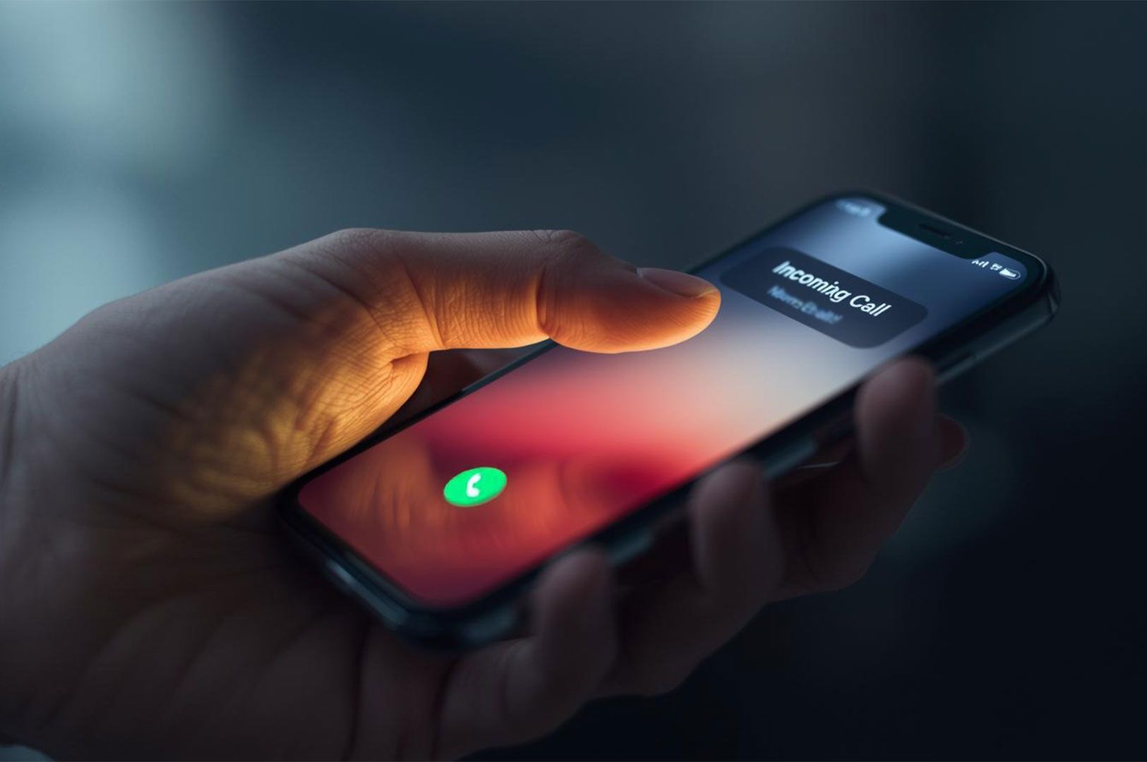 A close-up of a hand holding a smartphone in a dimly lit environment, displaying an incoming call