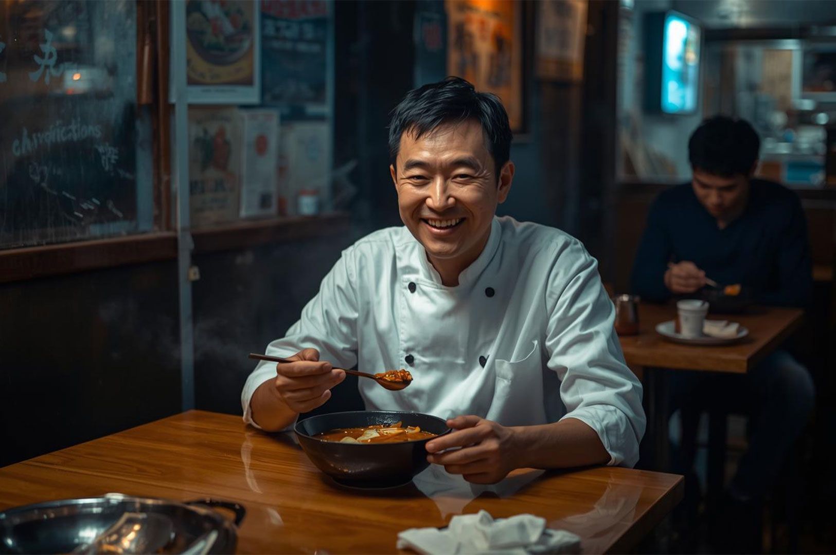A portrait of a smiling chef in a white uniform seated at a dark wooden table, holding a spoon over