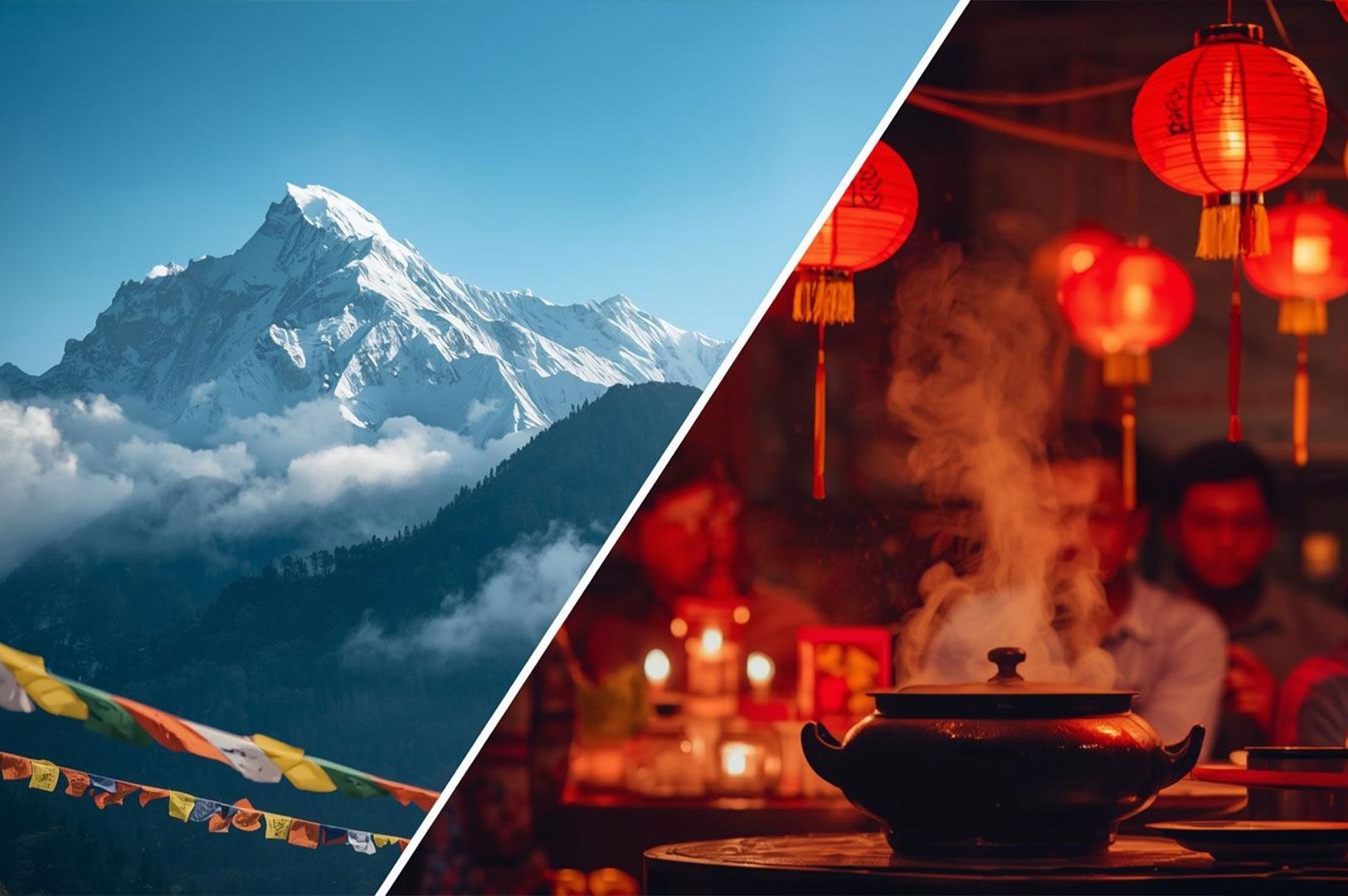 A split-screen collage contrasting a snowy mountain peak with prayer flags on the left against a war