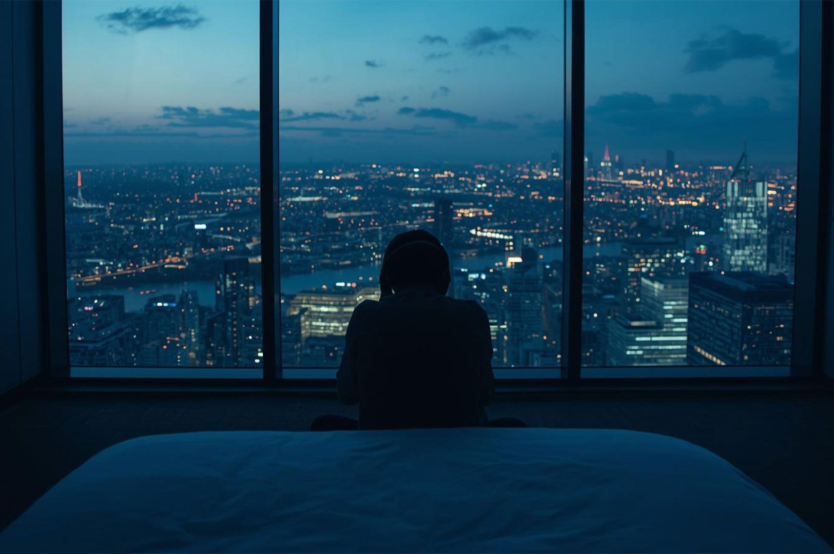 Silhouette of a person sitting on a bed, looking out large hotel windows at a sprawling, illuminated