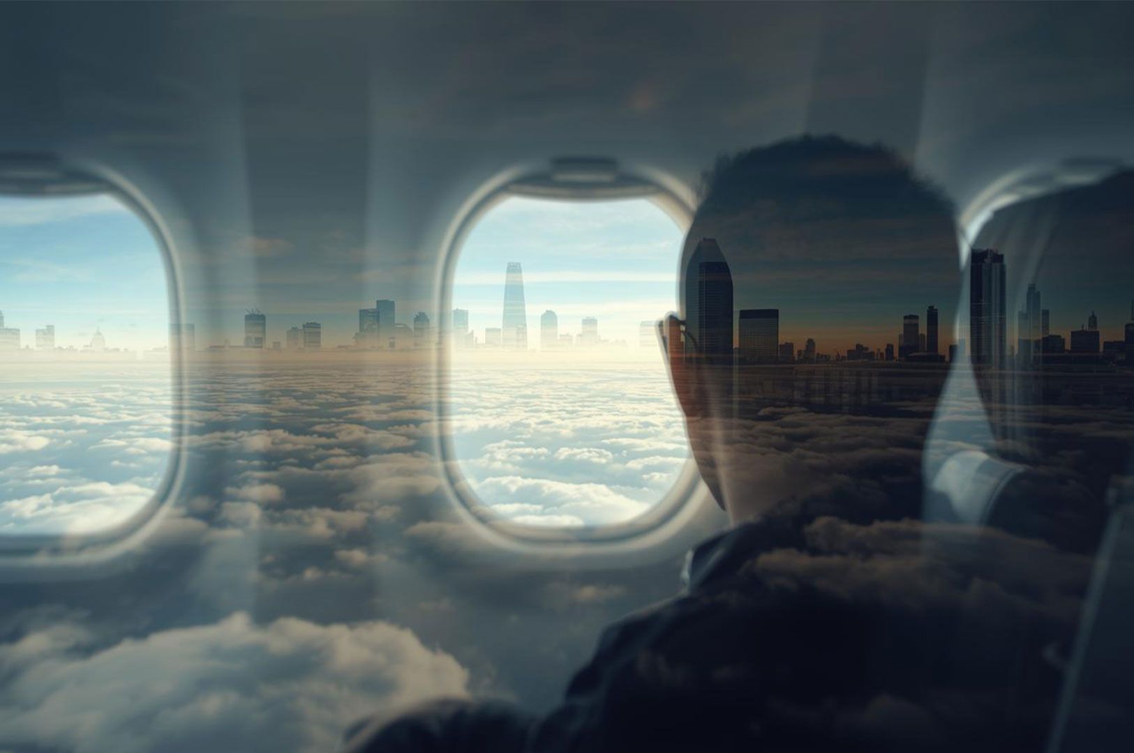 Conceptual image showing a person looking out of an airplane window above the clouds, with a double 