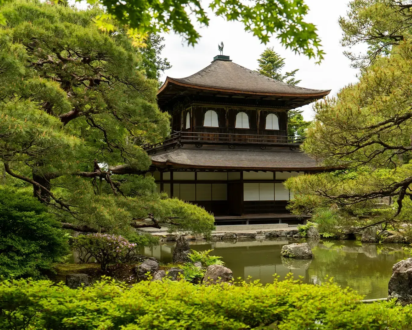 Traditional Japanese pavilion surrounded by lush trees and a tranquil pond, evoking a sense of peace and harmony in a natural setting.