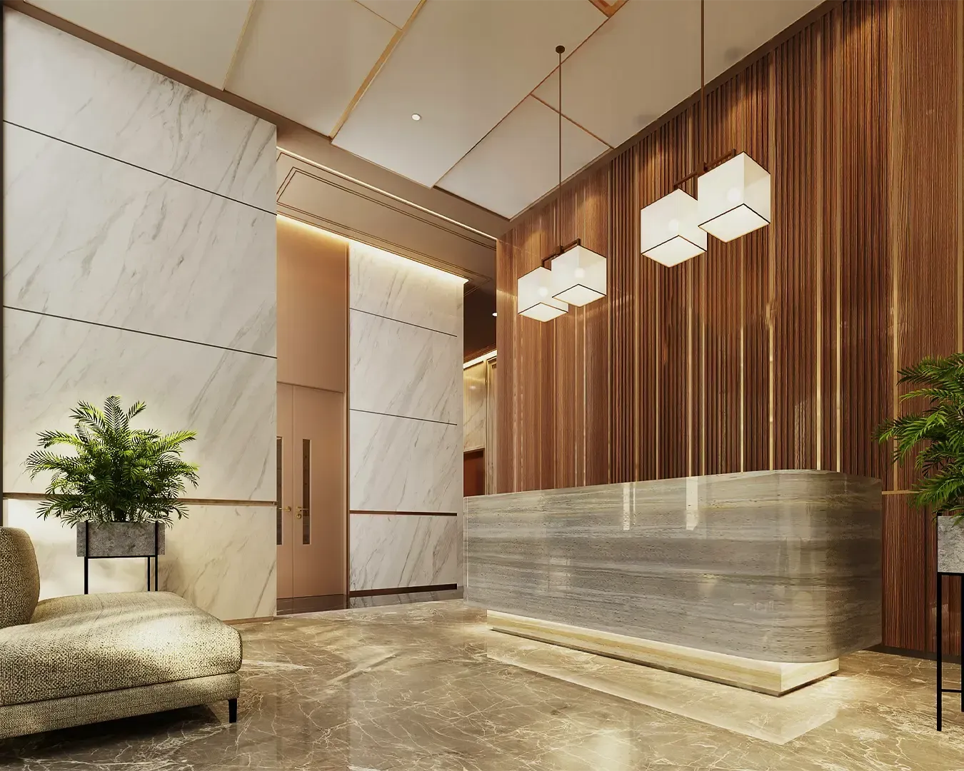 A spacious luxury hotel lobby with elegant interior design, featuring polished floors, warm ambient lighting, comfortable seating areas, and a refined atmosphere that welcomes guests.