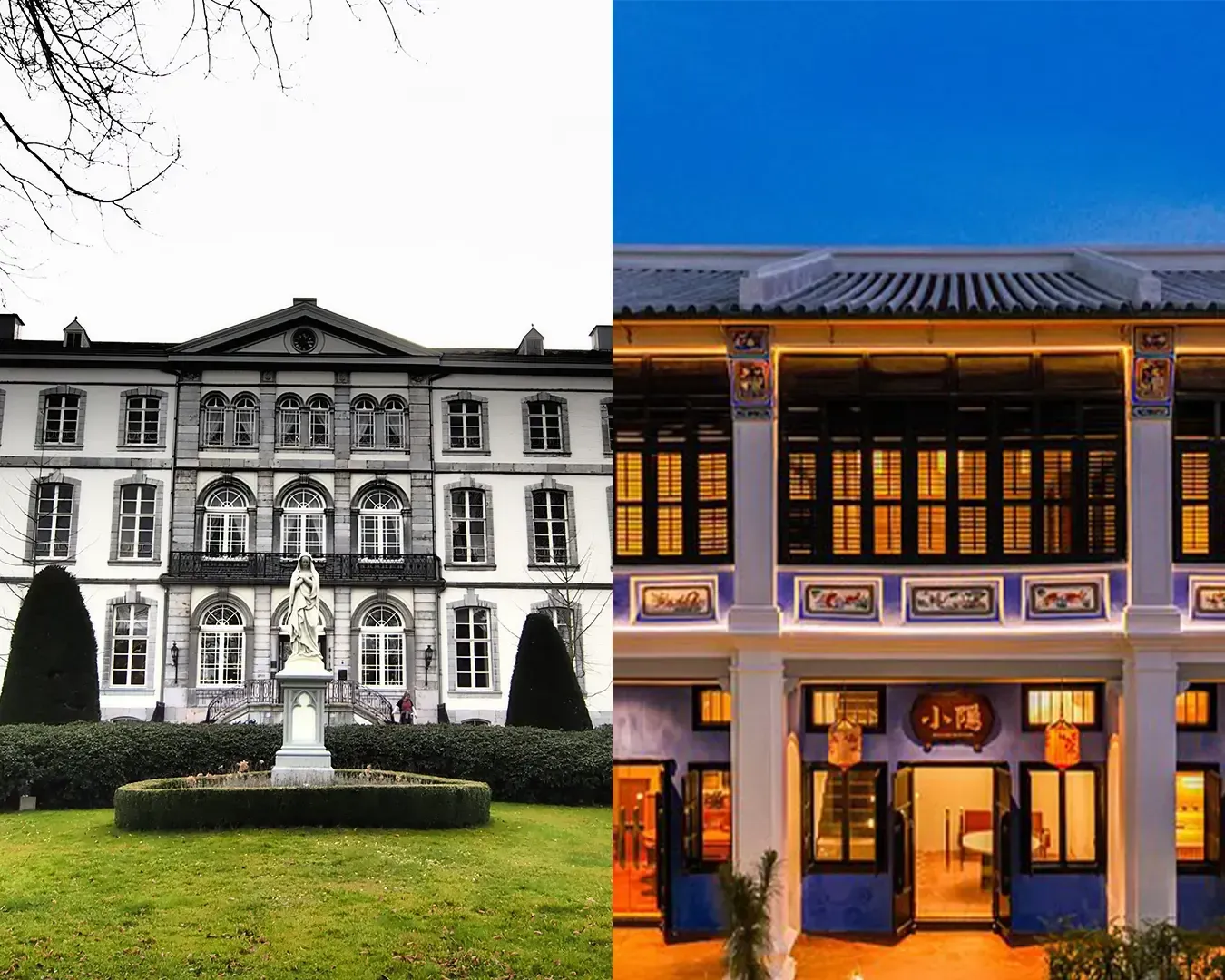 Split-image of two contrasting buildings: a classic European mansion with a central statue on the left, and a lit traditional Asian-style building on the right.