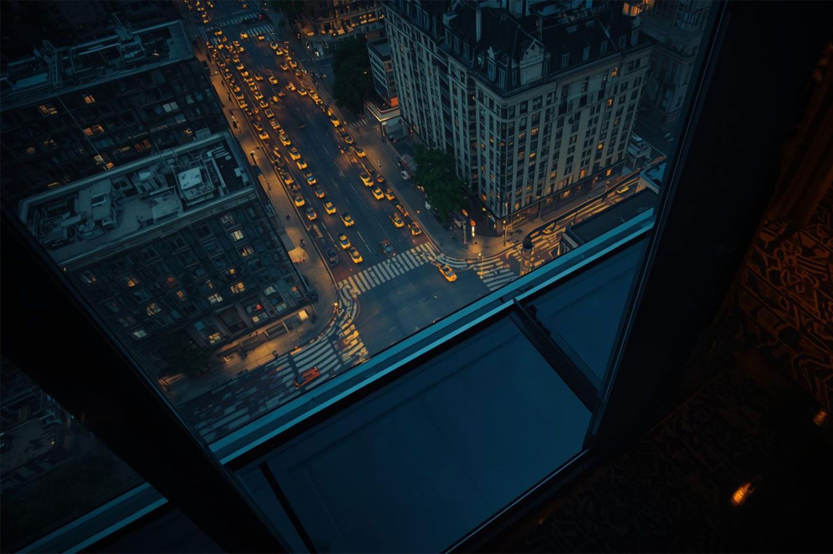 A high-angle view from a skyscraper window looking down at a busy city street intersection at night, illuminated by streetlights and yellow taxis.