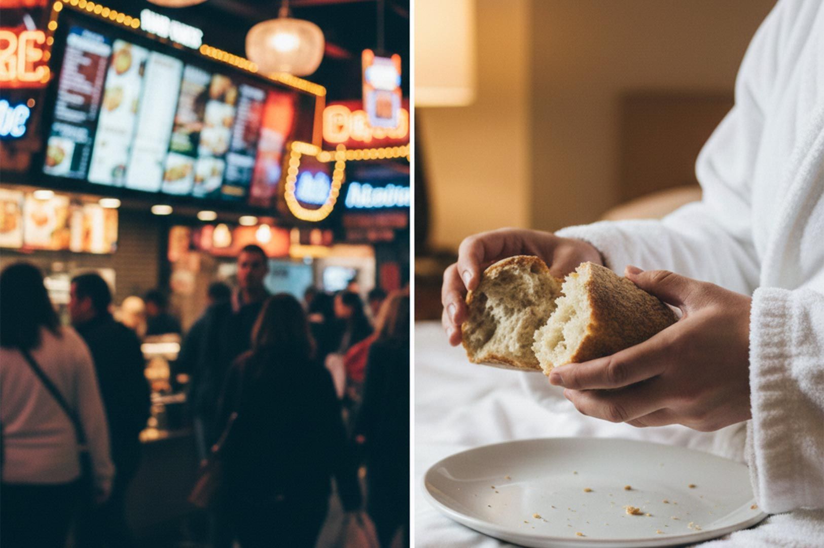 A split-screen image showing a busy, neon-lit food market on the left and a close-up of a guest in a bathrobe breaking fresh bread in a hotel room on the right.