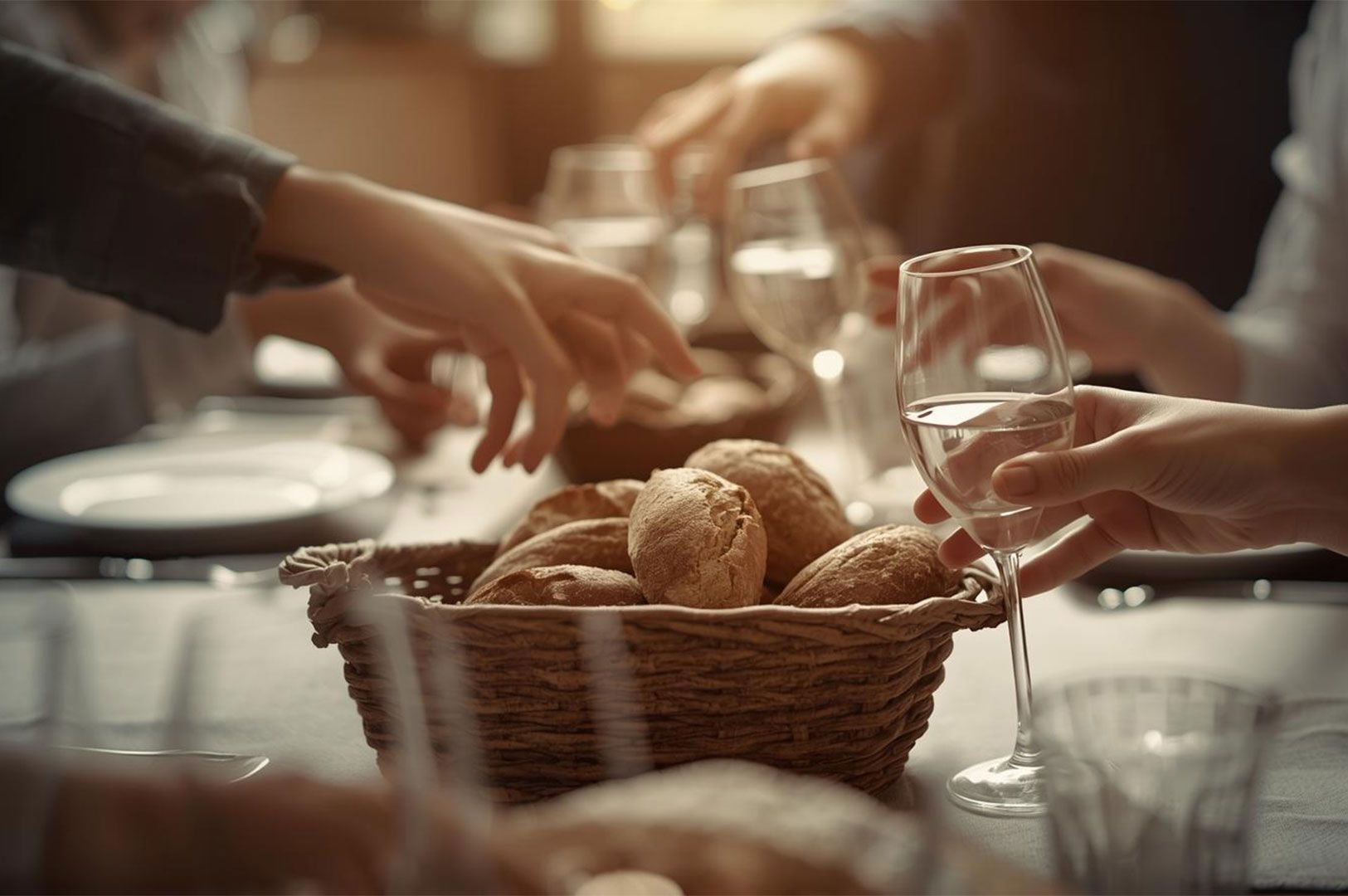 Close-up of people's hands around a table reaching for warm bread rolls in a woven basket during a dinner party or family meal.