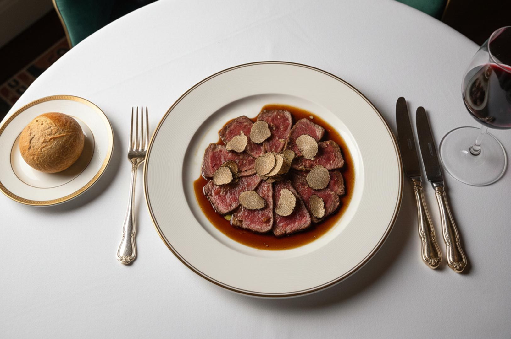 A gourmet plate of thinly sliced beef carpaccio topped with fresh black truffle shavings and savory sauce, served with red wine.