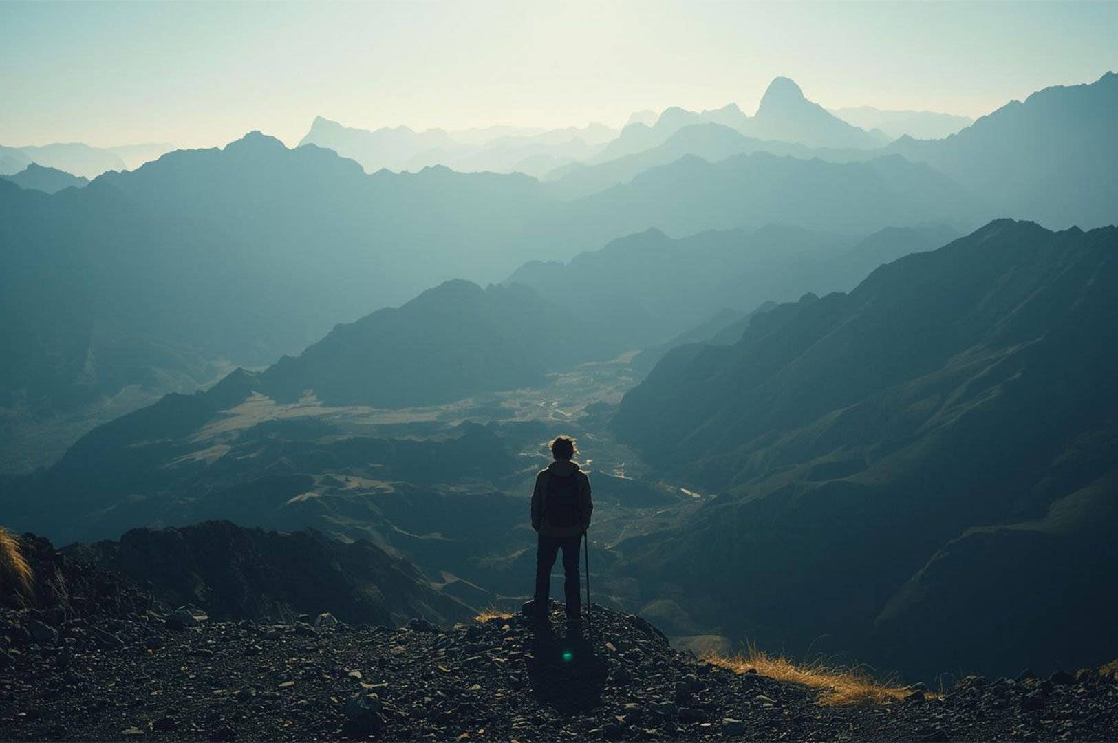 A lone hiker stands on a rocky mountain peak overlooking a vast, layered, misty valley and mountain range under a bright sky, symbolizing travel and exploration.