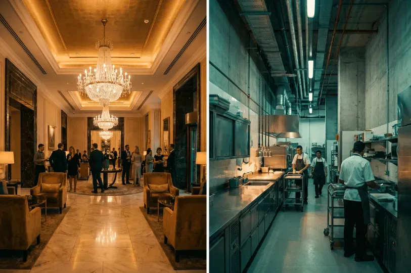 A split-screen image contrasting the glamorous front-of-house with the hidden back-of-house. The left side shows a lavish, warmly lit lobby with a massive crystal chandelier and elegantly dressed guests mingling; the right side shows an industrial, fluorescent-lit stainless-steel kitchen where chefs are hard at work.