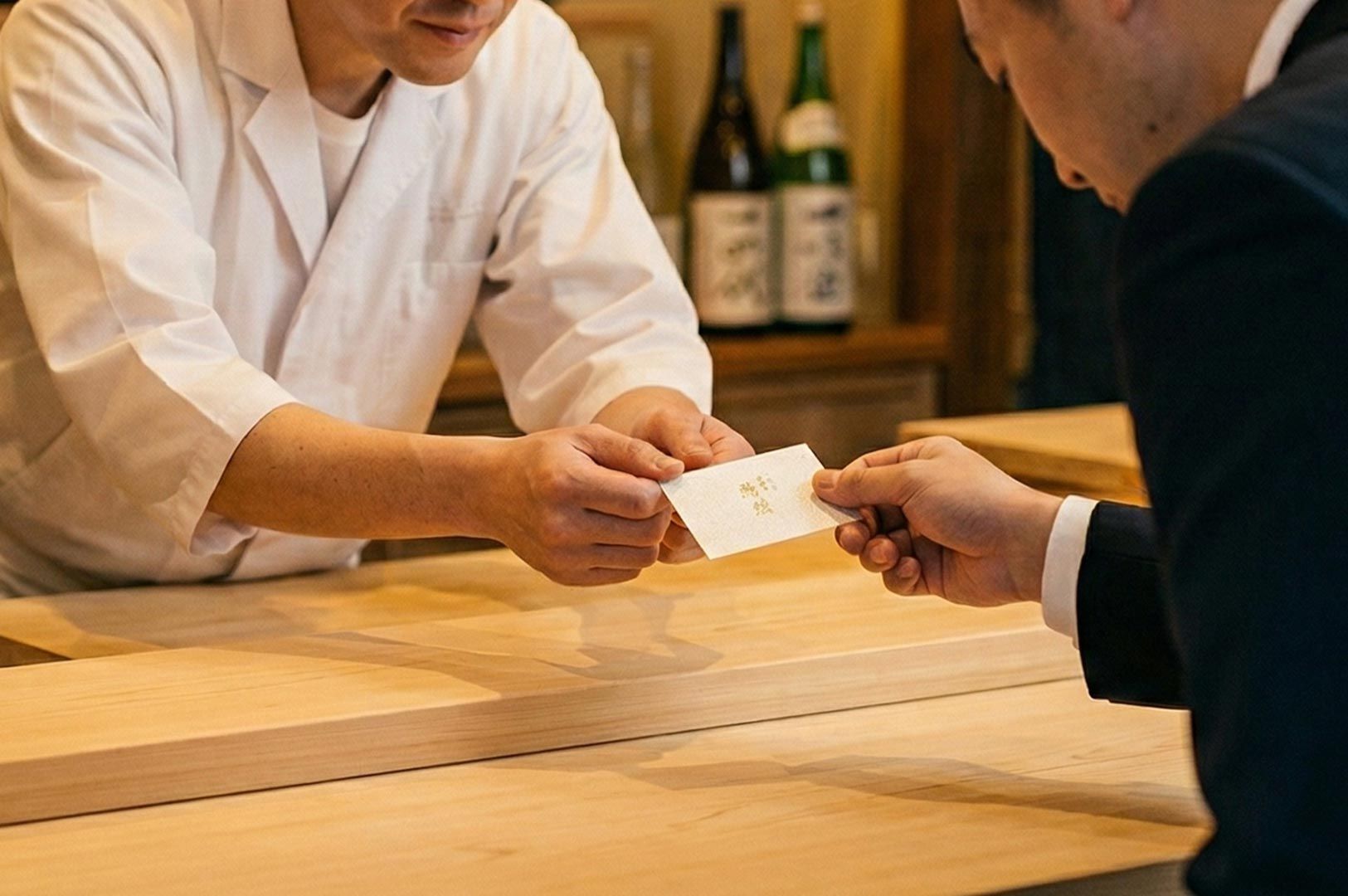 Close-up of a sushi chef in a white uniform exchanging a business card (meishi) with a guest using traditional two-handed Japanese etiquette.