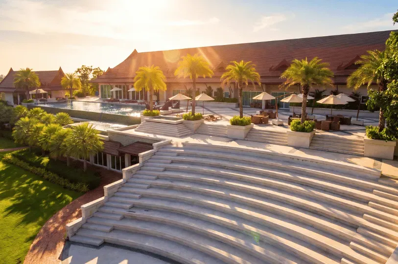 A large, curved outdoor stone amphitheater at a luxury resort, leading up to multiple swimming pools, palm trees, and shaded lounging areas bathed in warm sunlight.