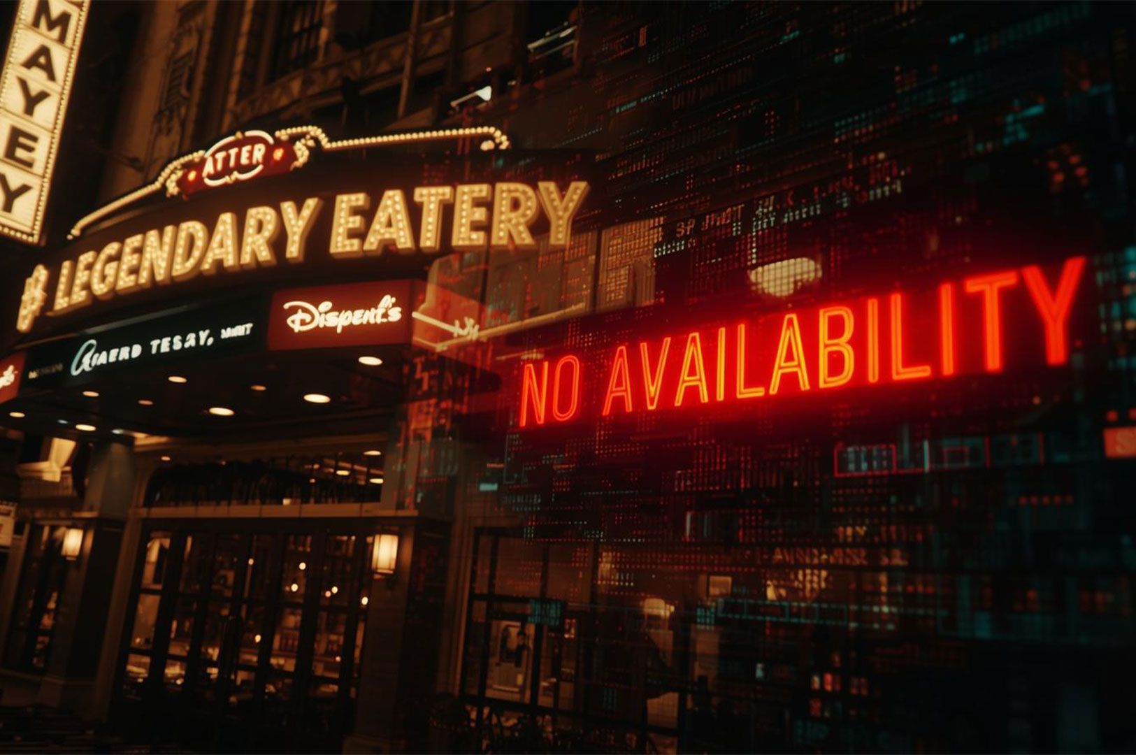 A dramatic night shot of a busy city street, featuring a vintage-style neon sign reading 